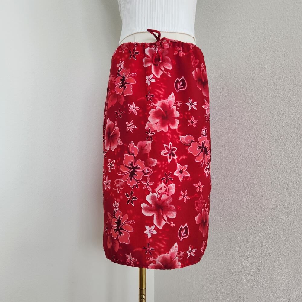 Vintage Y2K Red Pink Hibiscus Floral Drawstring Midi Skirt Coconut Girl Spring S